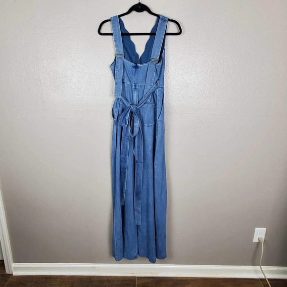 Pilcro by Anthroplogie Lydia Blue Denim Scallop Wrap Wide Leg Jumpsuit 2 - Picture 3 of 8